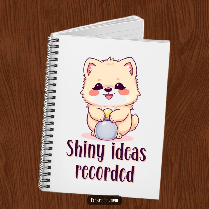 Funny Pomeranian notebook showing a dog balancing a shiny object, great for jotting down ideas with clever charm.