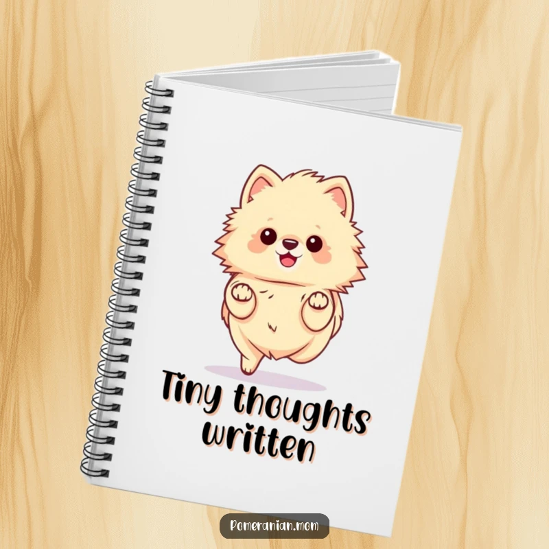 Funny kawaii Pomeranian notebook cover, showing a fluffy dog prancing delicately with tiny paws. Ideal for stylish note-takers.