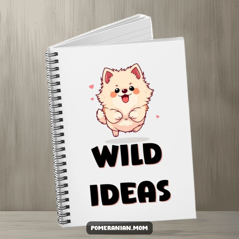 Funny Pomeranian notebook cover showing a small dog energetically bounding with impressive flair, symbolizing swift and creative thinking.