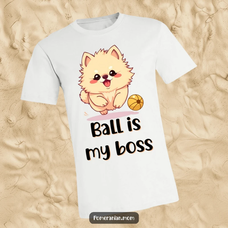 Funny Kawaii Pomeranian mid-chase, yapping playfully at a bouncing ball, showcasing pure playful determination.