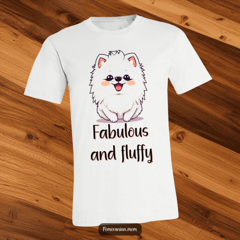 Funny kawaii Pomeranian with a delighted expression shaking its fluffy mane on this t-shirt, showcasing pure joy and fabulousness.