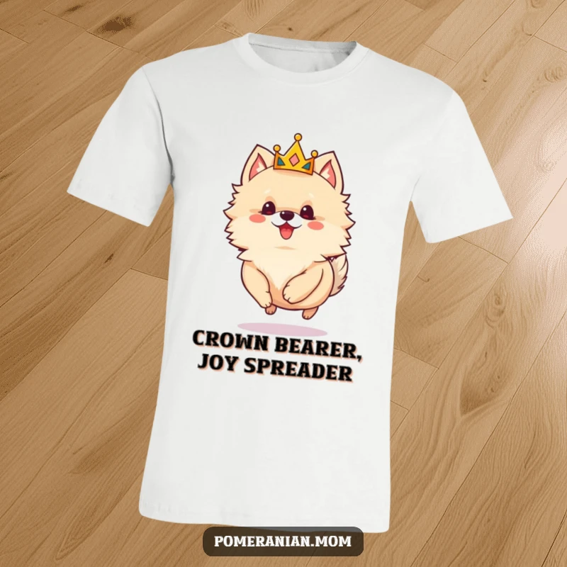 Funny Pomeranian t-shirt depicting a small dog with a tiny crown joyfully skipping, radiating pure happiness and playful majesty.