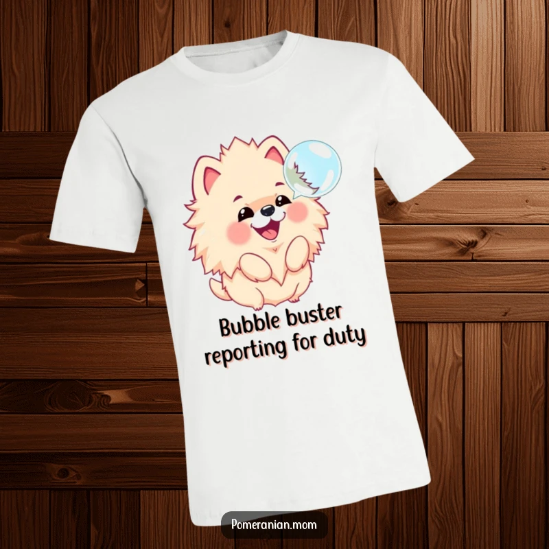 Funny t-shirt showcasing a kawaii Pomeranian with a fluffy mane, joyfully barking at a floating bubble in a playful scene.