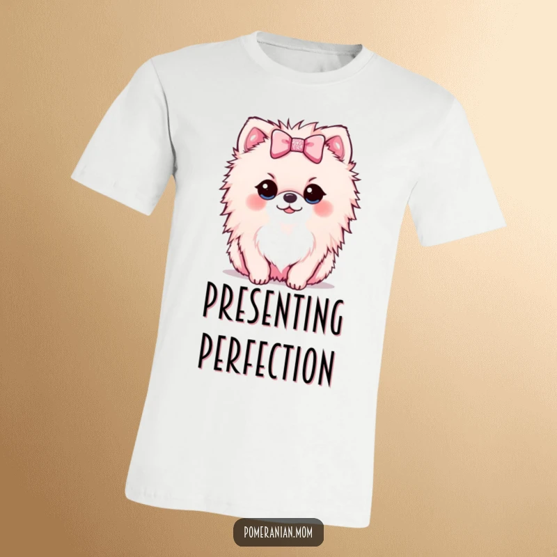 Funny Kawaii Pomeranian t-shirt showing a small dog offering a tiny, sparkly bow with an endearing smile.