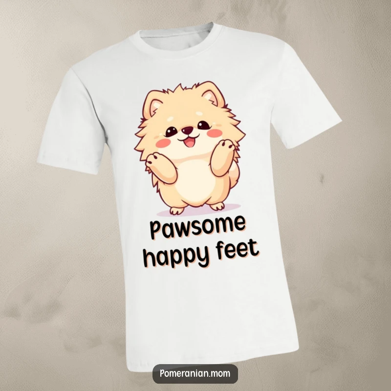 Funny Pomeranian t-shirt, a cute kawaii dog doing a joyous happy dance with its front paws up in celebration.