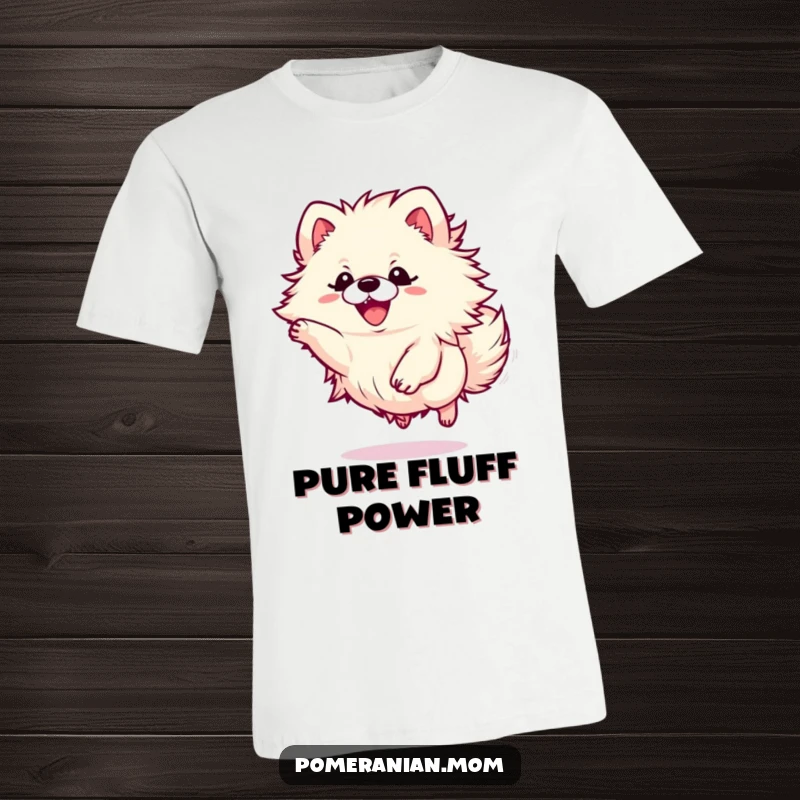 Funny Kawaii Pomeranian t-shirt depicting a small dog joyfully leaping with a fluffy bundle of energy, ready for fun.