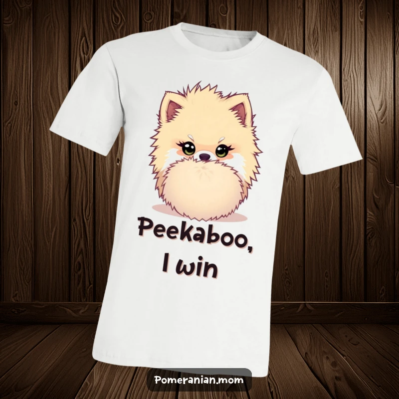 Funny Kawaii Pomeranian T-Shirt: Mischievous dog peeking from behind a pom-pom, conveying playful secrets and humor.