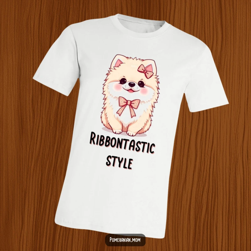 Funny Kawaii Pomeranian T-Shirt: A fluffy dog adorned with a tiny, sparkling ribbon, looking chic and cheerful.