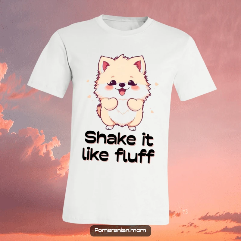 Funny Kawaii Pomeranian T-Shirt: A cute, fluffy dog energetically shaking its body from head to tail with pure joy.