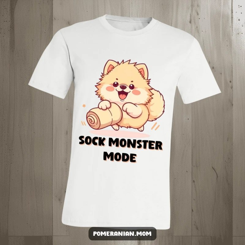 Funny t-shirt showing a kawaii Pomeranian enthusiastically chasing a rolled-up sock with its whole body in a comical pursuit.