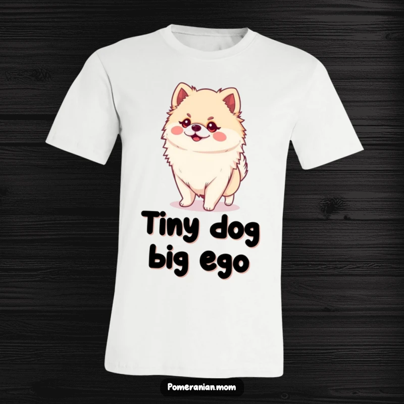 Funny Kawaii Pomeranian T-Shirt: A small, cute dog confidently strutting with a proud and massive personality, exuding sass.