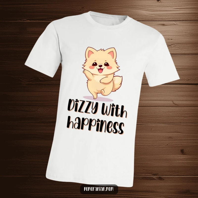 Funny Pomeranian T-Shirt with a cute Pomeranian character doing a joyous, spinning twirl.