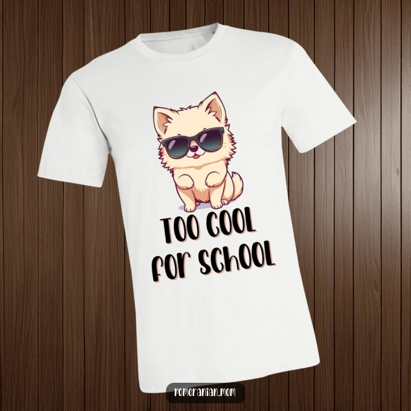 Funny tiny Pomeranian character hilariously trying on oversized sunglasses on this t-shirt, embodying a cool and comical look.