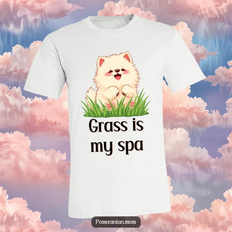Funny Pomeranian t-shirt showcasing a kawaii dog enthusiastically rolling in soft green grass with a happy squeal.
