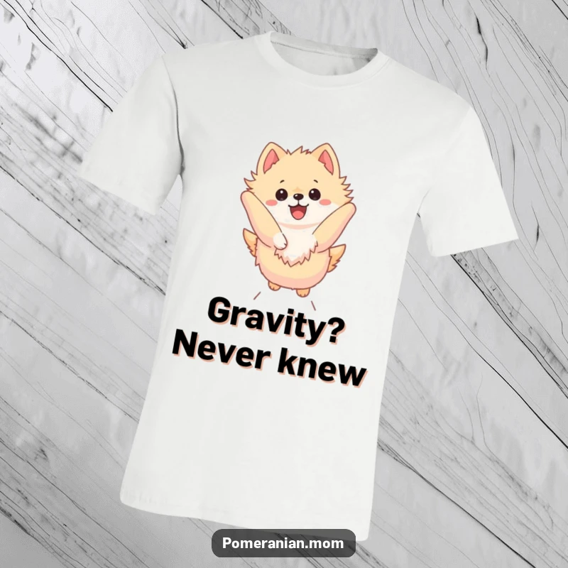 Funny Kawaii Pomeranian T-Shirt: Cute dog leaping energetically, conveying excitement and humor in a dynamic pose.