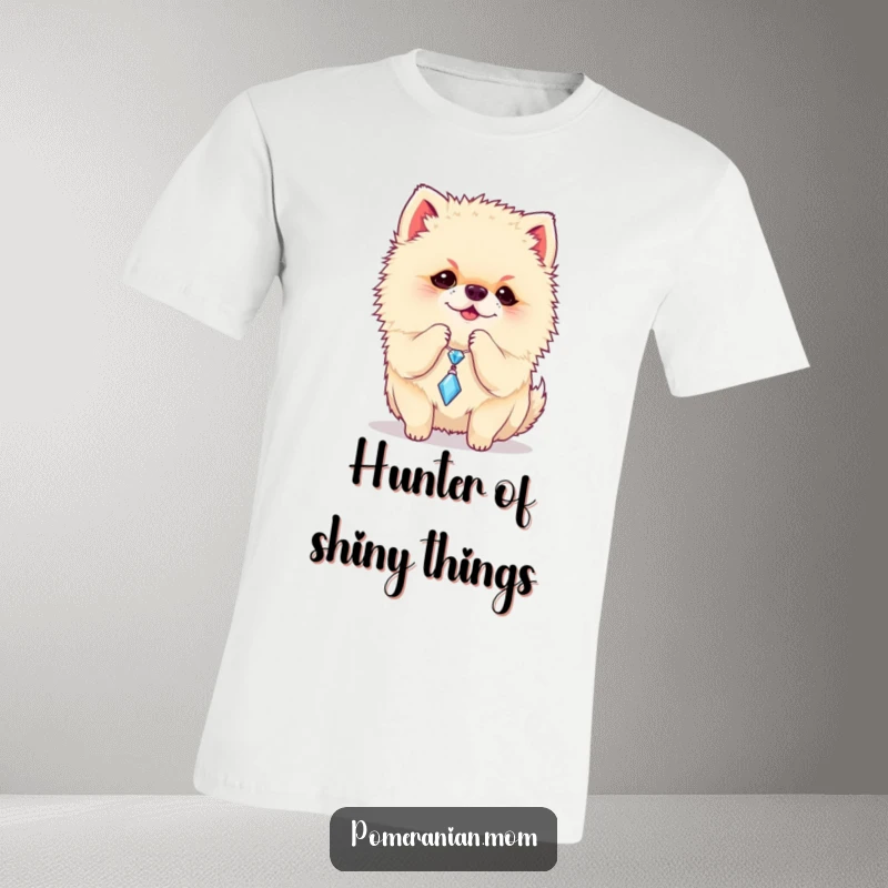 Funny Pomeranian t-shirt featuring a dog playfully batting at a dangling sparkly charm, capturing canine curiosity humorously.