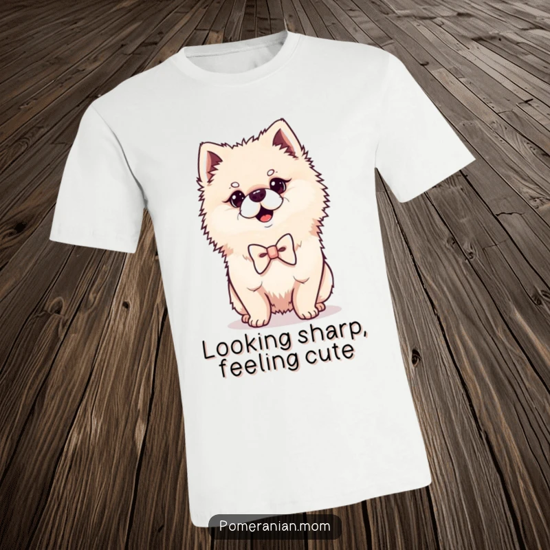 Funny Kawaii Pomeranian t-shirt, depicting a proud dog sporting a tiny bowtie, stylish and humorous.