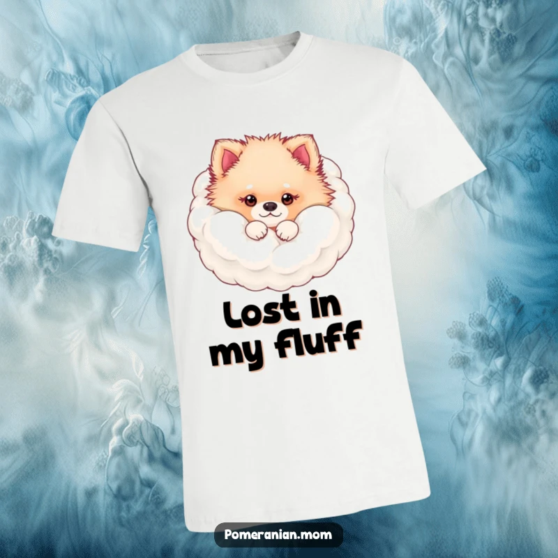 Funny kawaii Pomeranian peeking from its fluffy fur cloud t-shirt, capturing adorable puppy charm and a playful surprise, a fun gift.