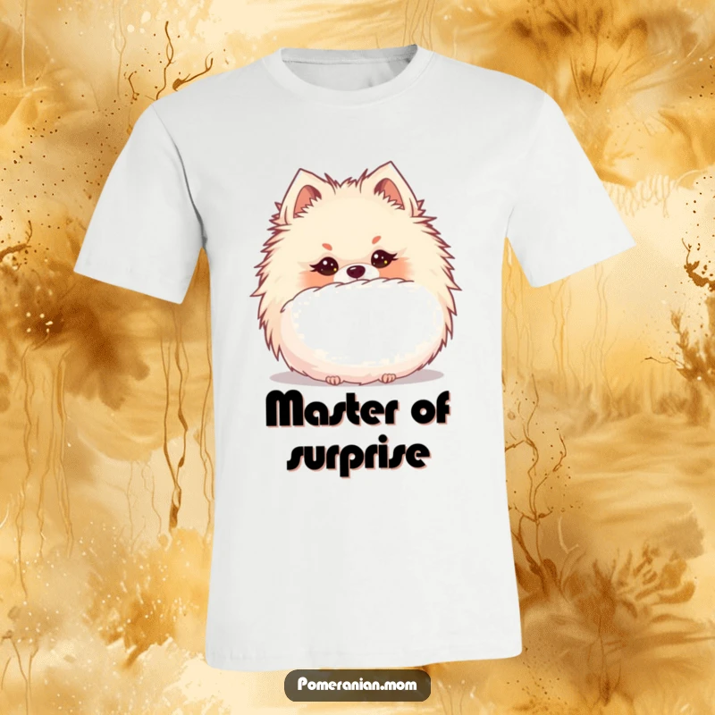 Funny Kawaii Pomeranian peeking with a mischievous glint from behind a huge puffball, perfect for playful wear.