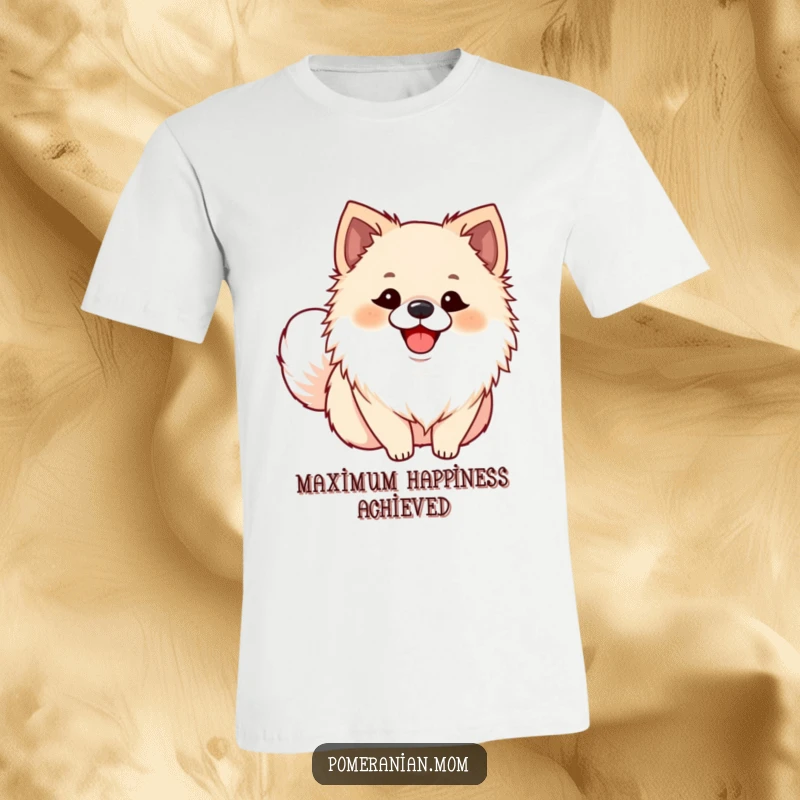 Funny Pomeranian t-shirt featuring a dog with an ecstatic smile and a vigorously wagging tail, capturing canine happiness humorously.