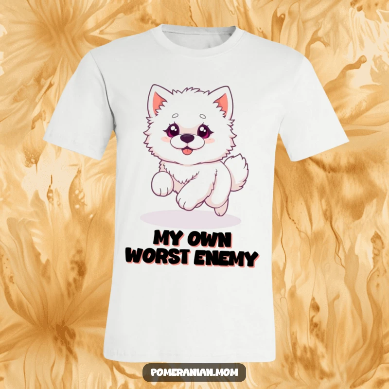 Funny T-shirt featuring a perpetually amused fluffy white dog with wide, bright eyes, hilariously chasing its own tail in a dizzying circle.