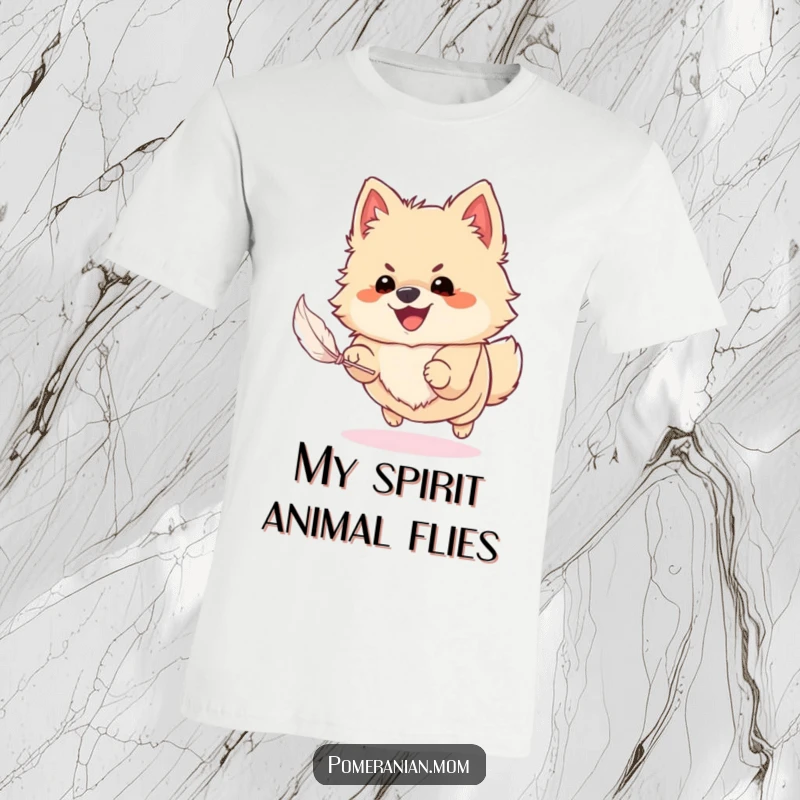 Funny Pomeranian t-shirt depicting a joyful dog leaping with enthusiasm to catch a tiny floating feather, embodying playful chase.