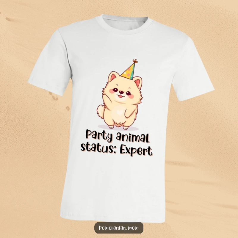 Funny kawaii Pomeranian t-shirt, a cute dog wearing a festive party hat. Great for parties and celebrations.