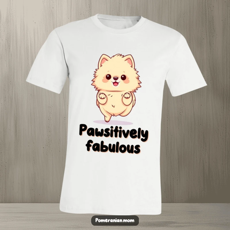 Funny kawaii Pomeranian t-shirt, depicting an adorable, tiny-pawed dog in a graceful prance. Perfect for stylish dog moms.