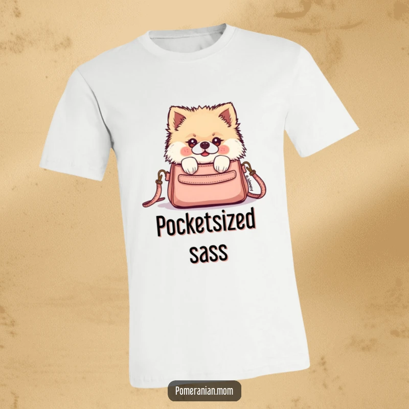 Funny Kawaii Pomeranian peeking adorably from a tiny purse on this t-shirt, expressing curiosity and sweet mischievousness.