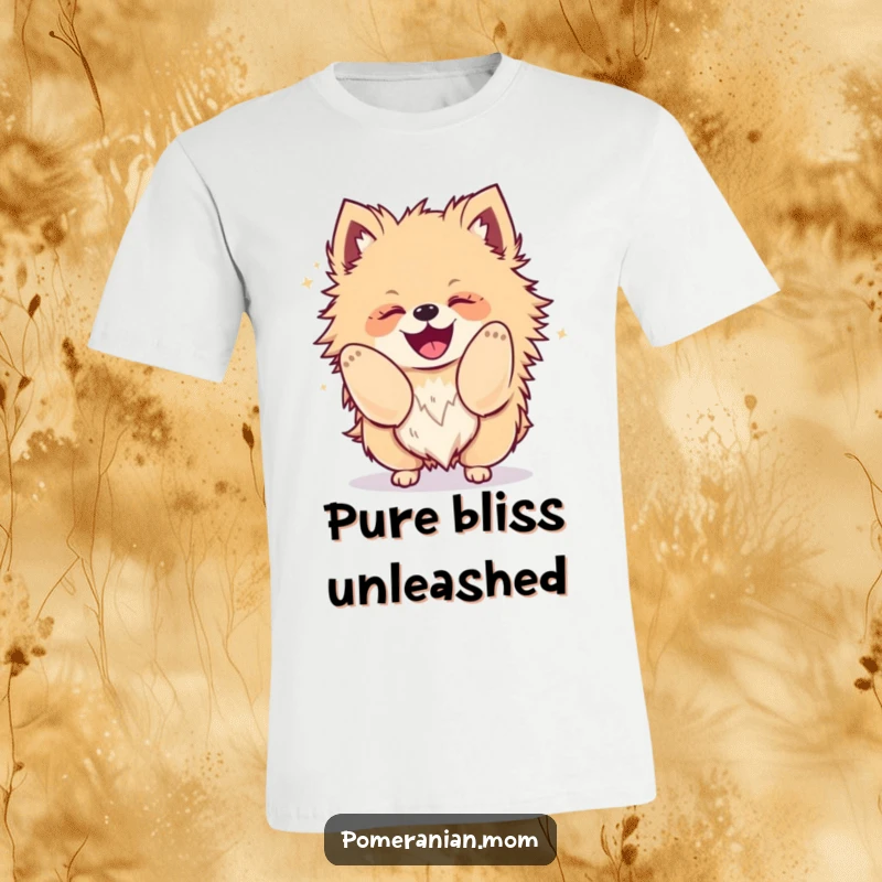 Funny Kawaii Pomeranian t-shirt, depicting a fluffy dog shaking its entire body with uncontrollable joy.