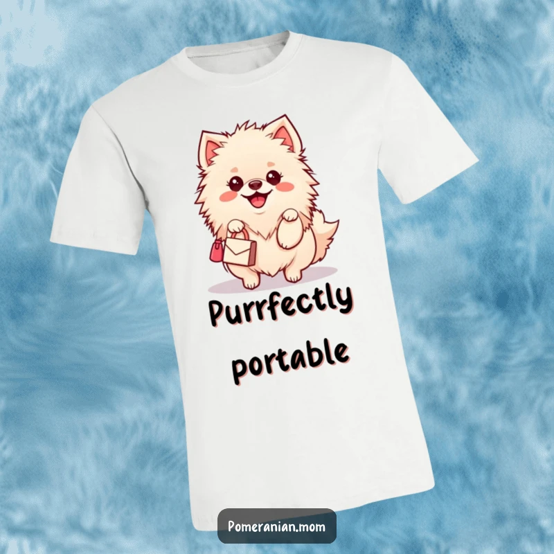 Funny Kawaii Pomeranian T-Shirt: A cute dog with a happy wiggle carries a miniature handbag, embodying sassy canine fashion.