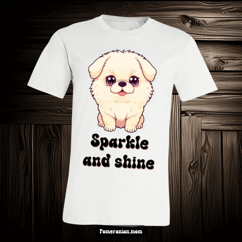 Funny fluffy dog t-shirt showcasing a dog with big, sparkling eyes, perfect for expressing love for cute and expressive pets.