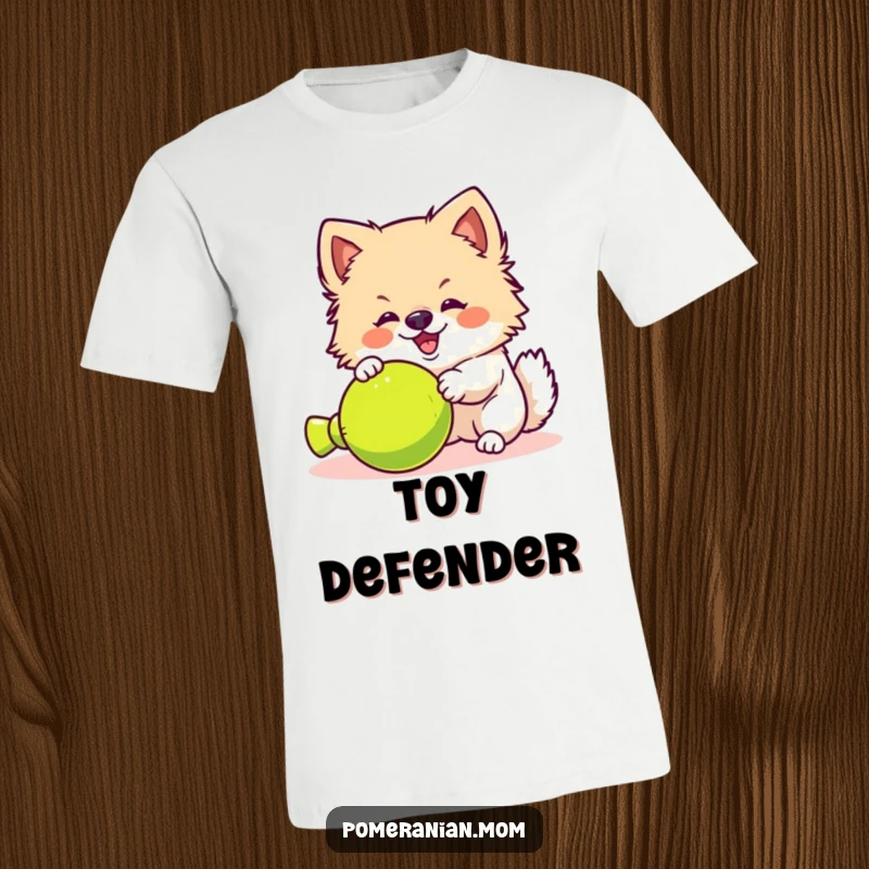 Funny kawaii Pomeranian t-shirt, depicting an adorable, fluffy dog yipping excitedly at a toy. Perfect for playful pups.