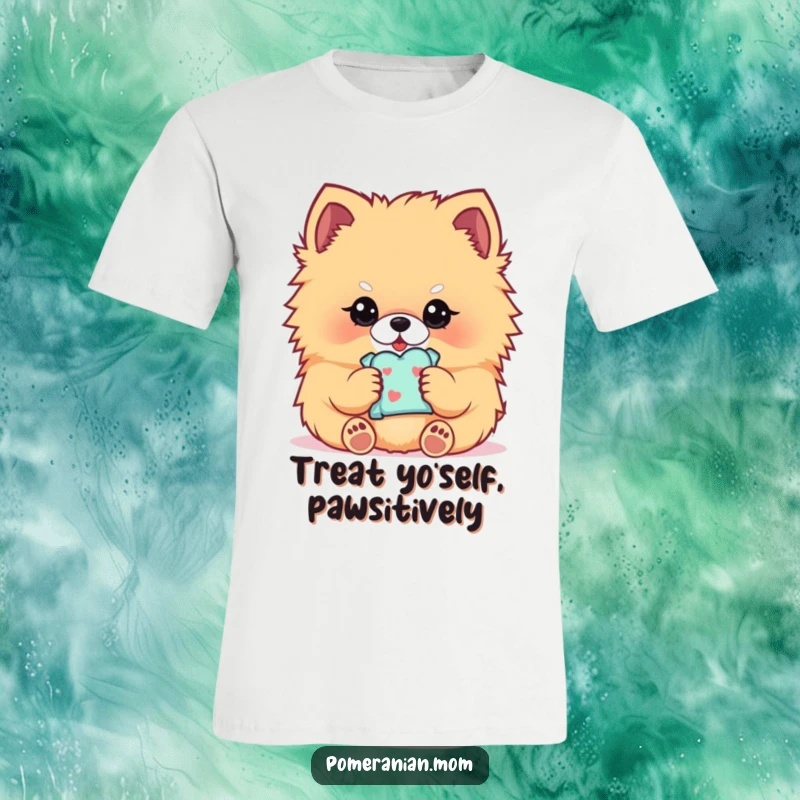 Funny Kawaii Pomeranian t-shirt, depicting a fluffy dog gently holding a tiny treat, sweet and humorous.
