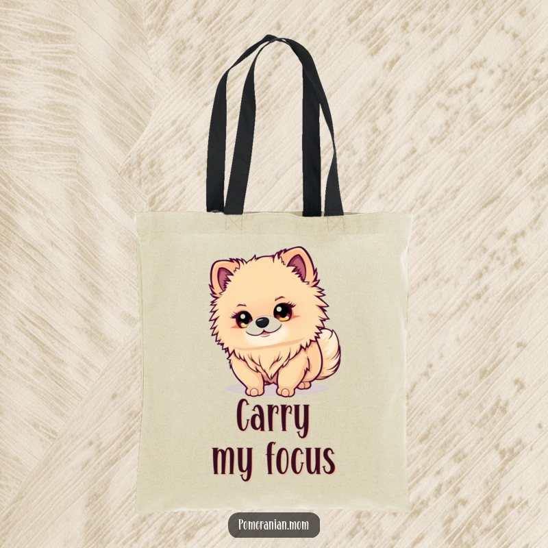 Funny Kawaii Pomeranian Tote Bag: A cute dog with bright eyes intently watches its wagging tail, a humorous and practical accessory.