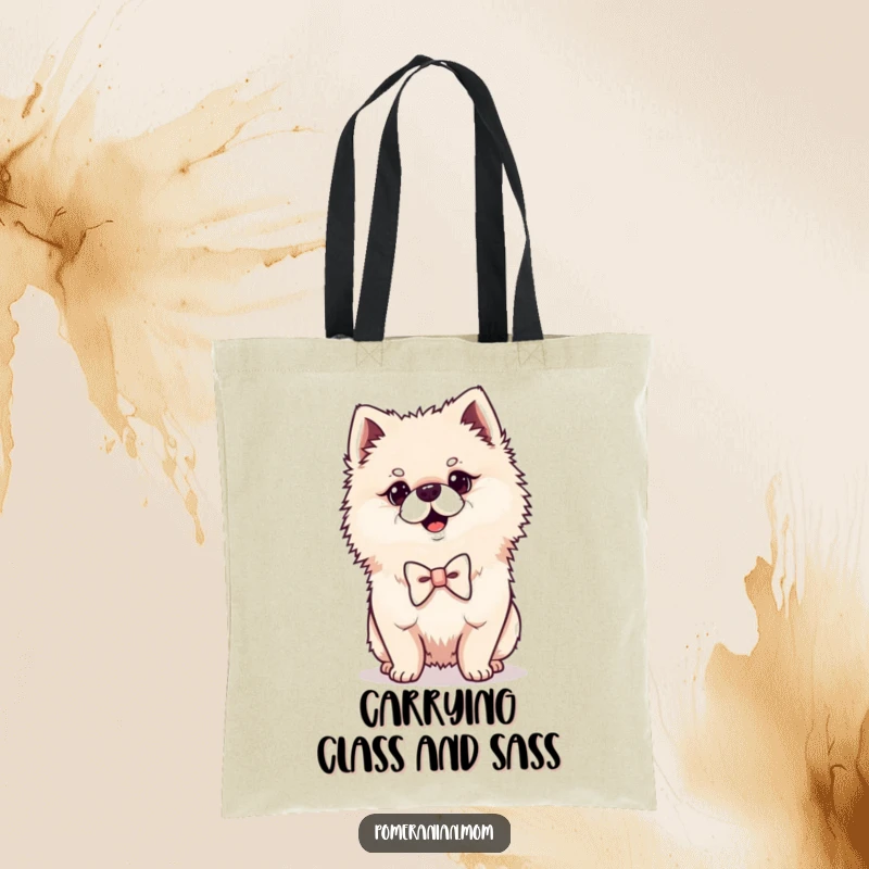 Funny Kawaii Pomeranian tote bag, showing a proud dog with a bowtie, chic and practical for shopping.