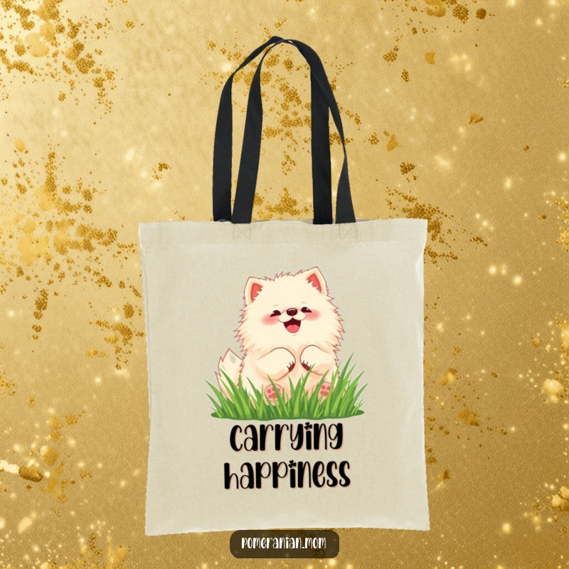 Funny Pomeranian tote bag with a super cute kawaii dog having fun rolling in green grass.