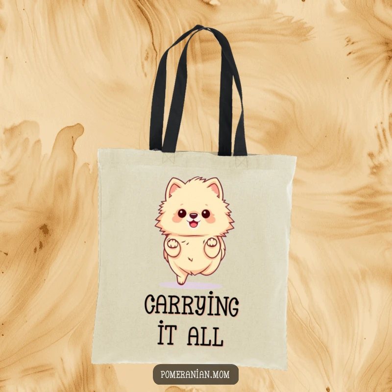 Funny kawaii Pomeranian tote bag, illustrating a fluffy dog prancing elegantly with tiny paws. Great for chic dog owners.