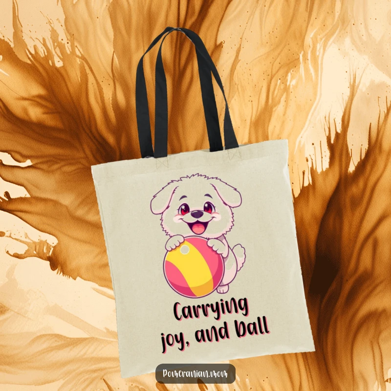 Funny tote bag featuring a fluffy white dog with exaggerated happy eyes, gleefully bouncing a large, colorful ball, full of playful energy.