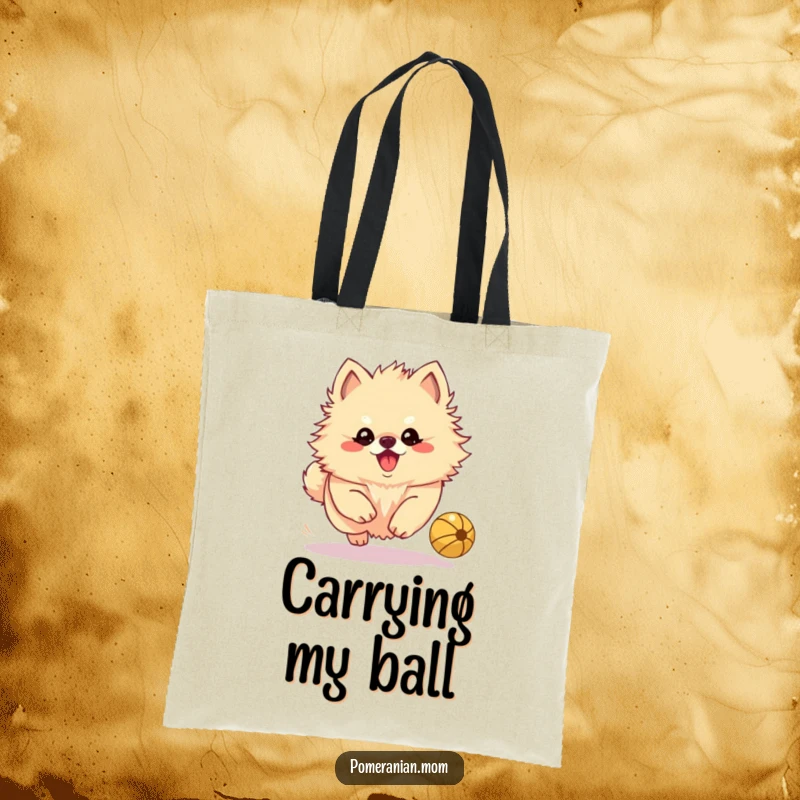 Funny Kawaii Pomeranian yapping playfully while chasing a bouncing ball, great for carrying daily essentials.