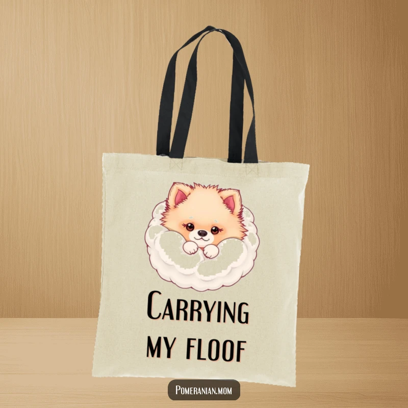 Funny kawaii Pomeranian peeking from its fluffy fur cloud tote bag, a practical and cute accessory for fluffy dog lovers.