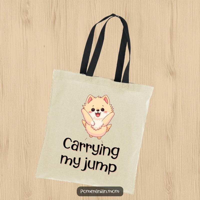 Funny Kawaii Pomeranian Tote Bag: Cute dog leaping high, embodying dynamic action and humorous spirit, a functional accessory.