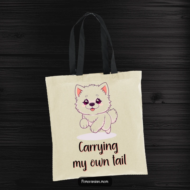 Funny tote bag featuring a fluffy white dog with bright, wide eyes, playfully spinning in a circle while chasing its own tail.