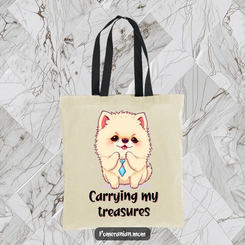 Funny Pomeranian tote bag showing a playful dog batting at a dangling sparkly charm, a cute and humorous accessory.