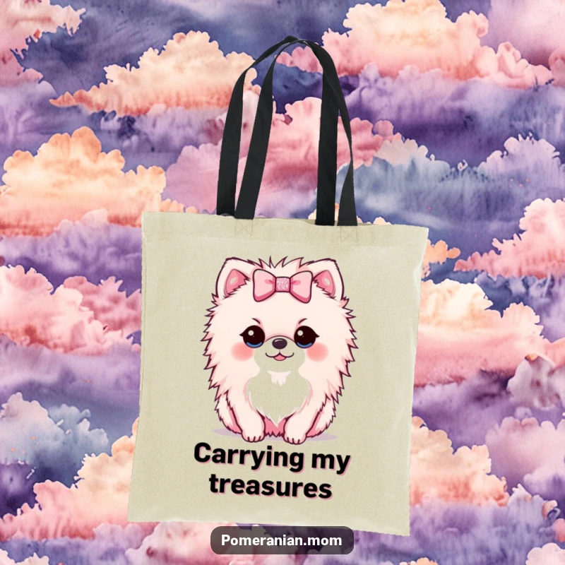 Funny Kawaii Pomeranian tote bag with a small dog offering a tiny, sparkly bow, perfect for carrying essentials with style.