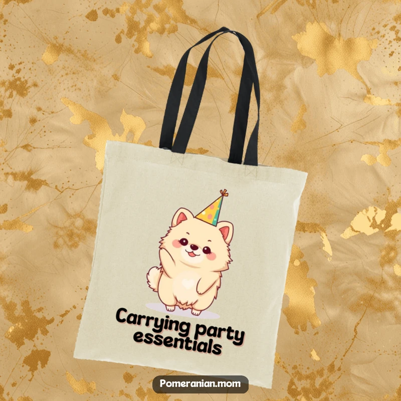 Funny kawaii Pomeranian tote bag, a cute dog carrying essentials while wearing a festive party hat. Festive and useful.