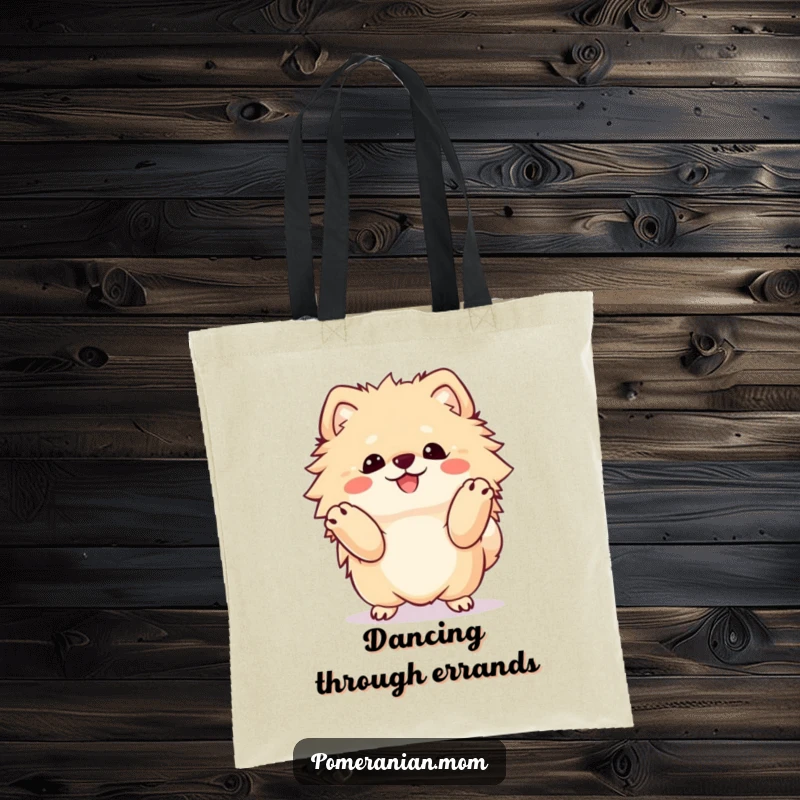 Funny Kawaii Pomeranian tote bag, a cute dog doing a happy dance, ideal for carrying groceries with flair.
