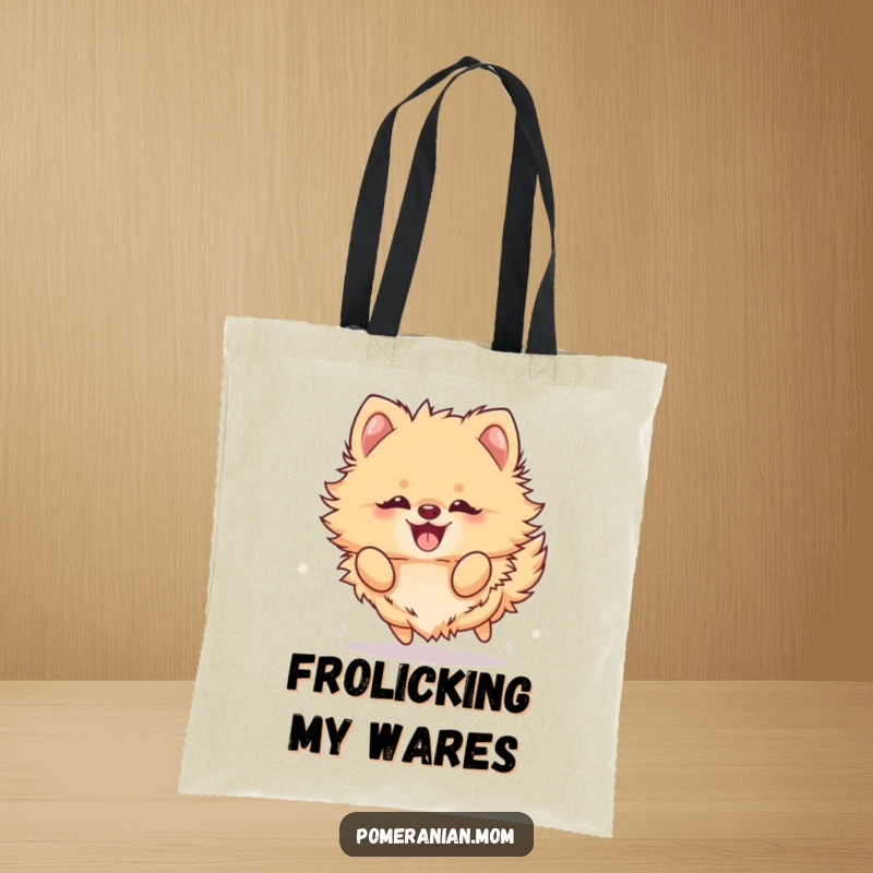 Funny Kawaii Pomeranian Tote Bag: A fluffy dog frolicking with sheer joy, perfect for carrying essentials with style.