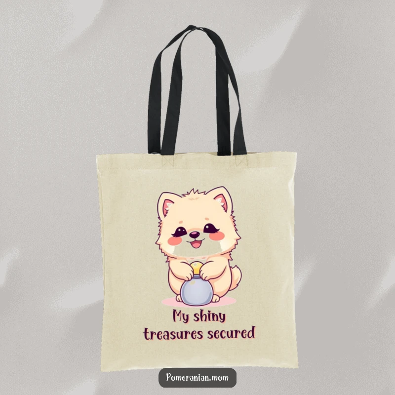 Funny Pomeranian tote bag illustrating a happy dog balancing a small shiny object, embodying skillful playfulness and practical charm.