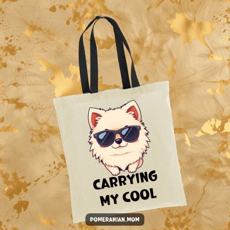 Funny kawaii Pomeranian wearing tiny sunglasses and winking tote bag, a stylish and practical accessory for dog lovers.